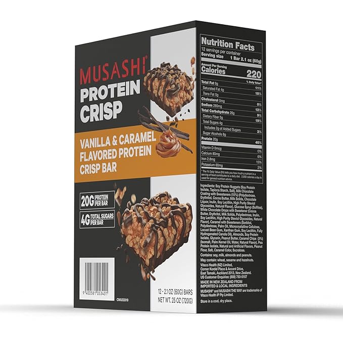 MUSASHI Protein Crisp Bar, 20g Protein, 4g Total Sugars, Vanilla & Caramel, Post Workout and Snack