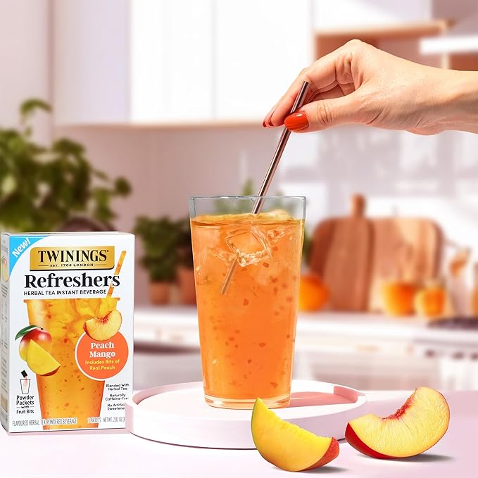 NEW Twinings Peach Mango Refreshers, Herbal Tea Instant Beverage with Real Peach Fruit Bits, 5