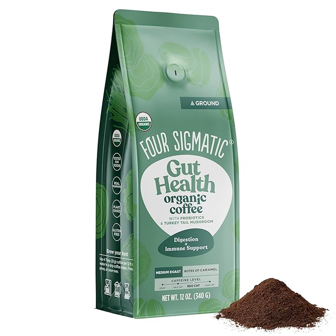 Four Sigmatic Gut Health Organic Ground Coffee | Medium Roast, Immune Boosting Probiotic Mushroom