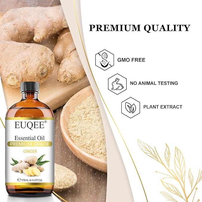 Ginger Essential Oil 118mL Pure Ginger Oil, Large Bottle Premium Essential Oil with Glass Dropper
