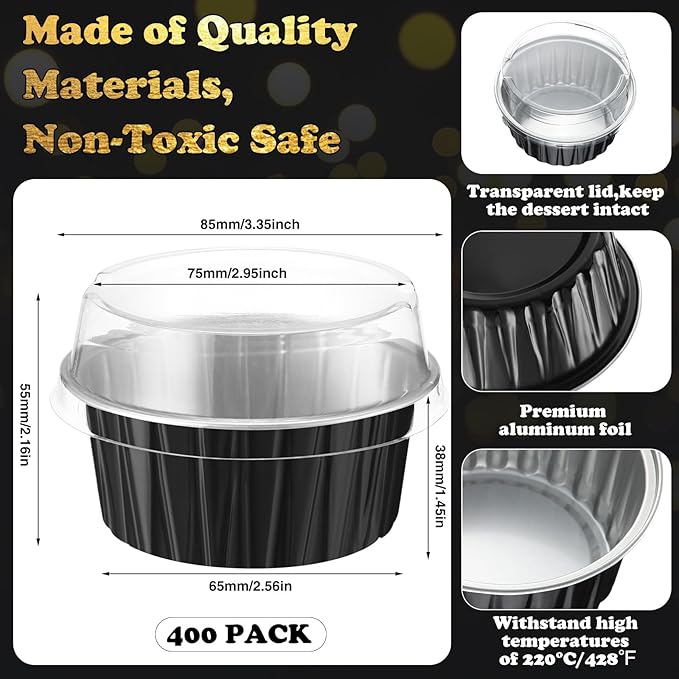 Gejoy 400 Pcs Aluminum Foil Baking Cups with Lids 5 oz Disposable Ramekins Mini Cake Pans Creme