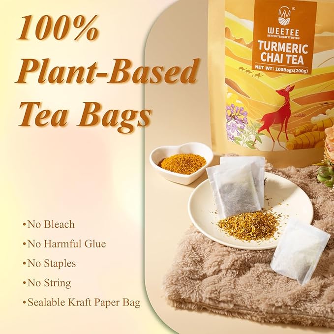 WT WEETEE Turmeric Chai Tea Bags, 2g x 100 Count, Caffeine-Free Turmeric Spiced Chai Tea, Includes