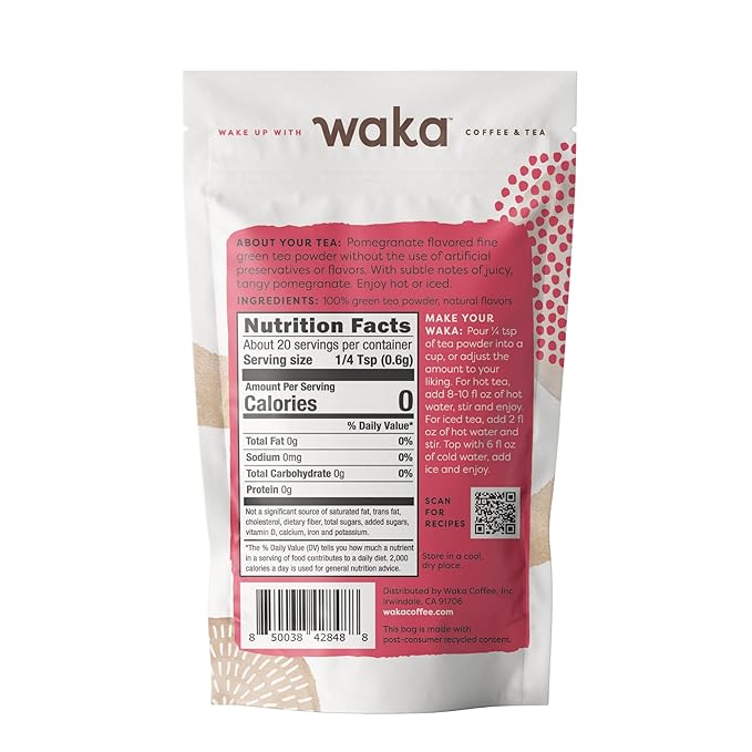 Waka Instant Green Tea Mix, Pomegranate Flavored - 100% Tea Leaves, No Additives, Unsweetened