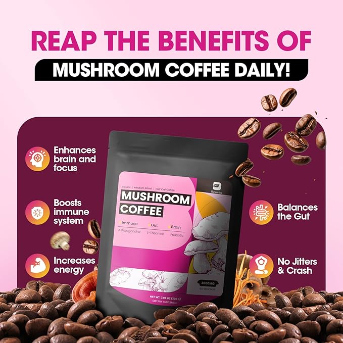 B BEWORTHS Mushroom Coffee, Slim Mushrooms Coffee Powder with Ashwagandha, Prebiotics, L-theanine