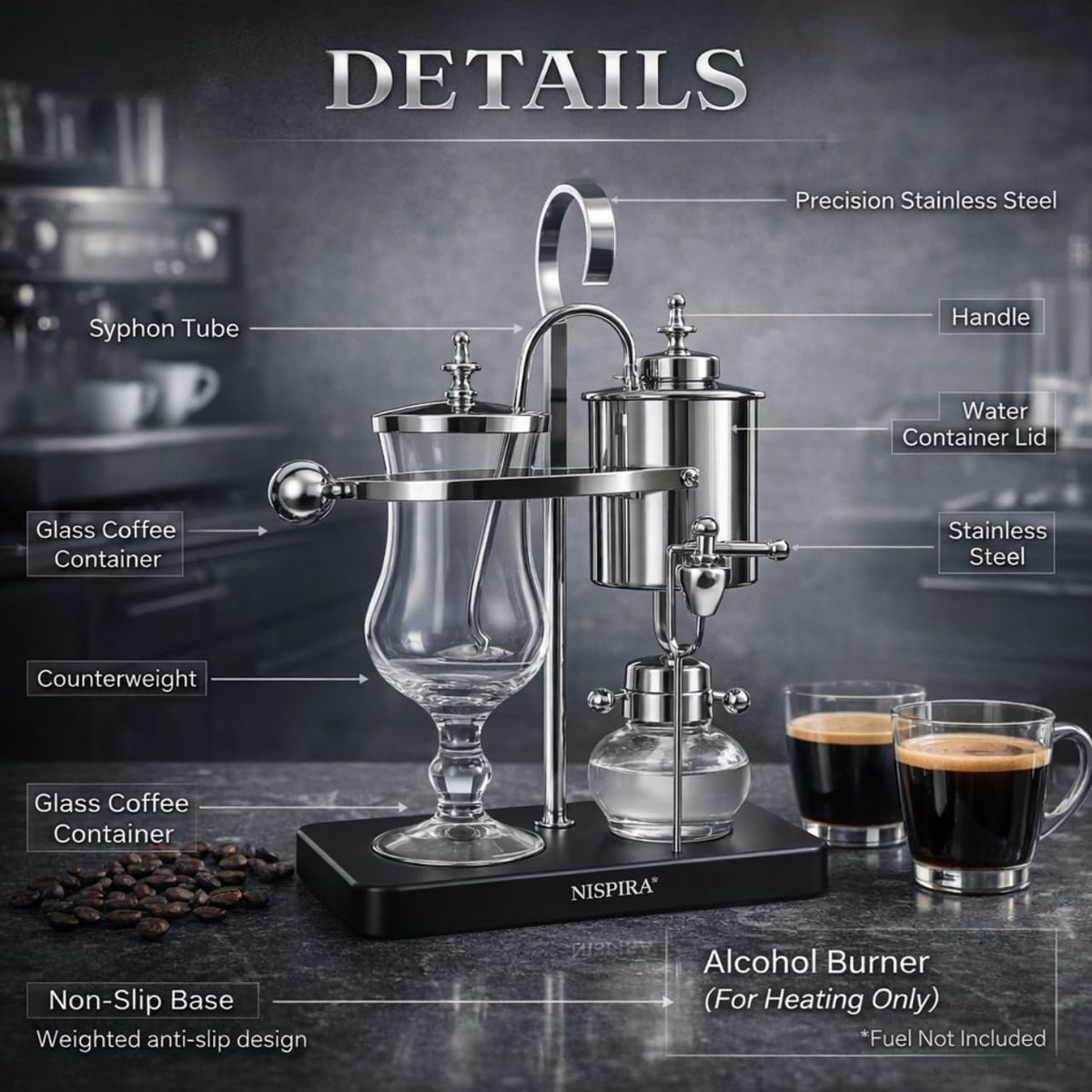 Nispira Belgian Balance Syphon Vacuum Coffee Maker, 500 ml Vintage Gravity Brewing System, Silver