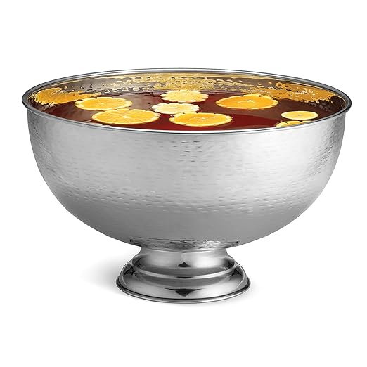TableCraft RPB1513 Hammered Pedestal Punch Bowl, Large Silver Stainless Steel, 54 Cup Capacity, 3.4