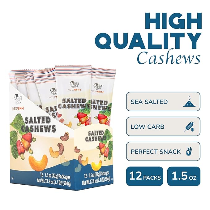 NEWBAM Lightly Salted Cashews Individual Packs - 12 Cashew Snack Packs Roasted Nuts (1.5oz Each)