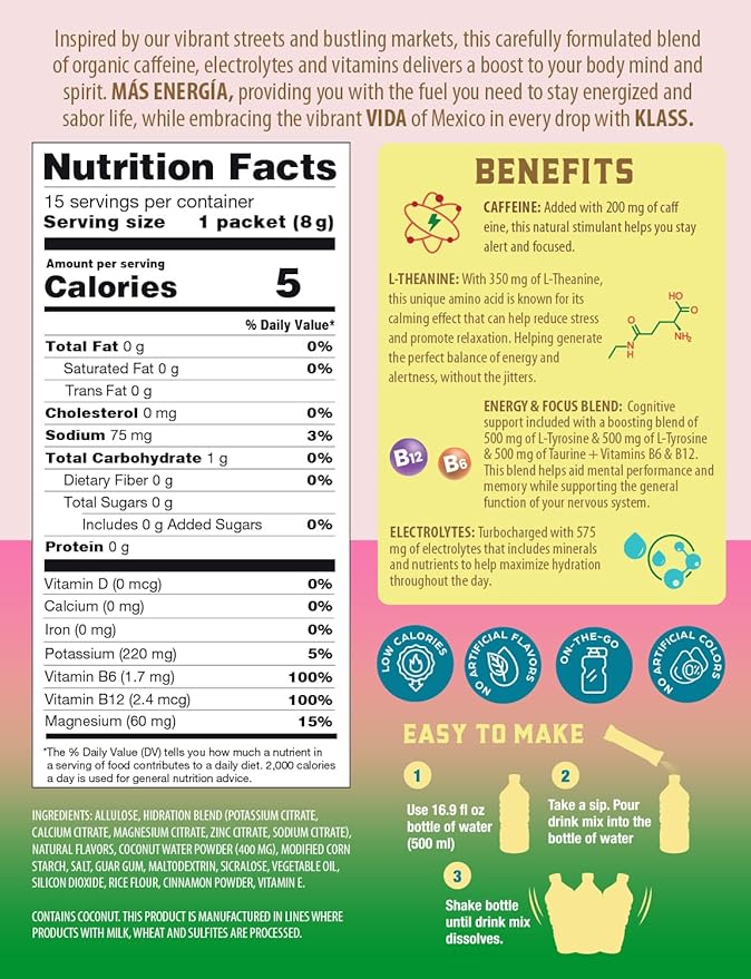 Hydration + Energy Sugar-Free Powder Packets |Electrolyte Agua Fresca Drink Mix, Caffeine &