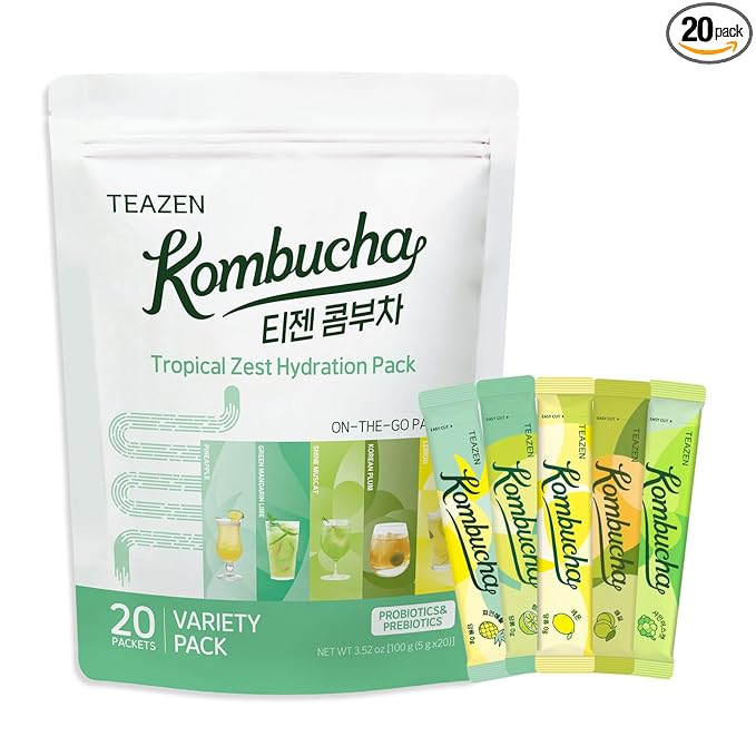 TEAZEN Kombucha Tea Tropical Zest Hydration Variety Pack - 20 Sticks, 5 Flavor (Lemon, Pineapple