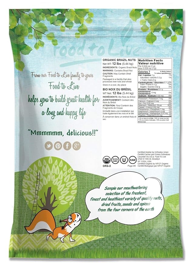 Food to Live- Food to Live Organic Brazil Nuts, 12 Pounds Non-GMO, Raw, Whole, No Shell, Unsalted