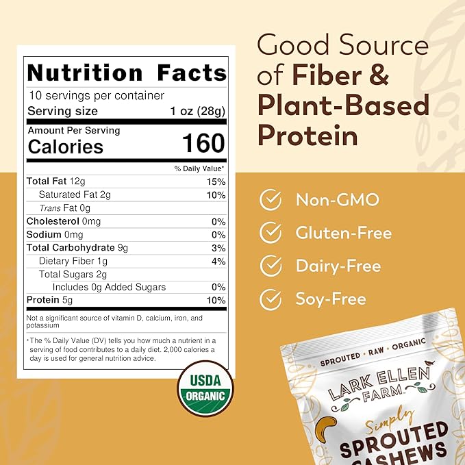 Lark Ellen Farm Unsalted Organic Raw Cashews, Sprouted, Air-Dried, Gluten-Free, Non-GMO, Vegan