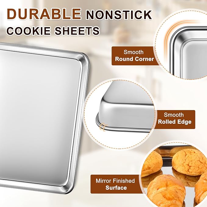 Baking Sheet Set of 3, Commercial Grade Stainless Steel Cookie Sheets for Baking, 12/16/17.5 Inch