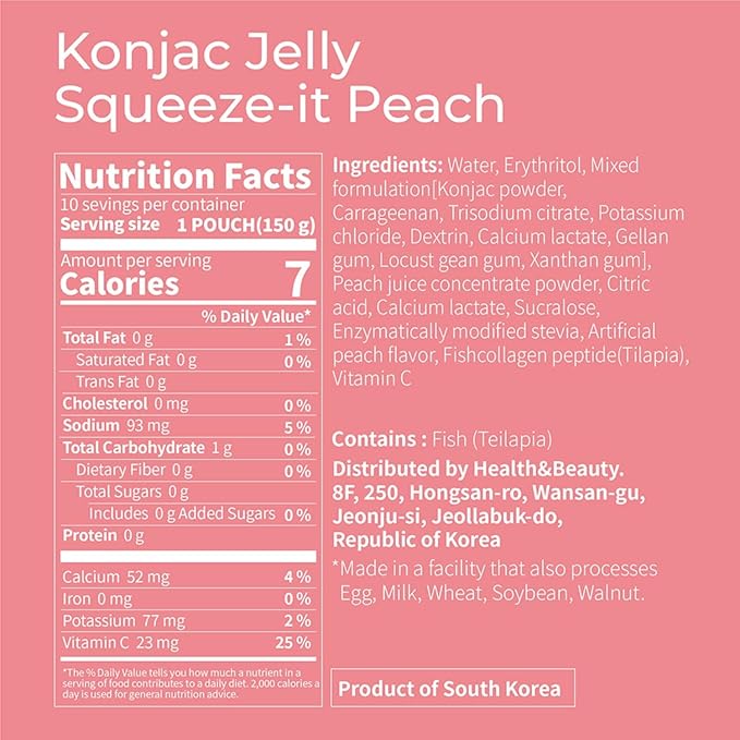 Korean Food Low Calories Squeeze Konjac Jelly, Peach Flavor, Fish Collagen, Vitamin, Zero Sugar