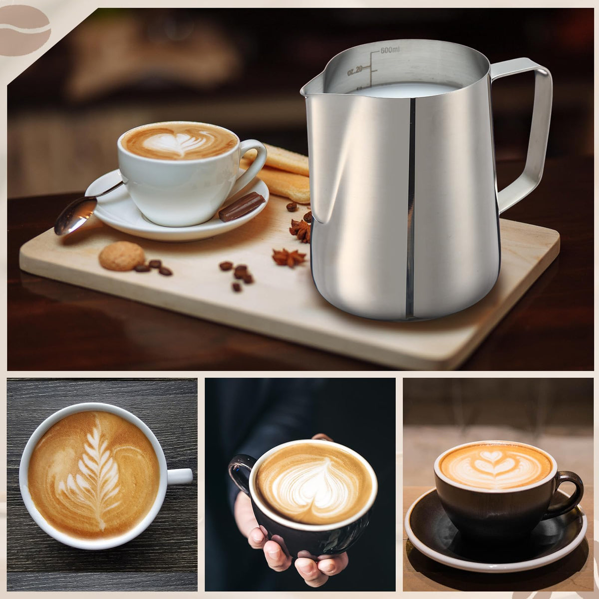Honeydak 4 Pcs Milk Frothing Pitcher 304 Stainless Steel Steaming Pitchers for Coffee Bar