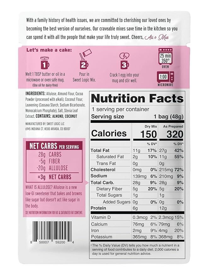 Sweet Logic Keto Dessert Mug Cake Mixes - Triple Chocolate Fudge - Low Sugar - Gluten-Free - Low