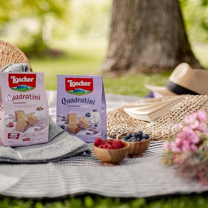 Loacker Quadratini Raspberry Yogurt Wafer Cookies LARGE - 30% Less Sugar - Premium Crispy Bite Size