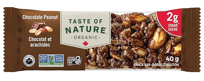 Taste of Nature - Organic 2g Sugar Chocolate Peanut - Low Sugar Snack and Breakfast Bar, High Fiber