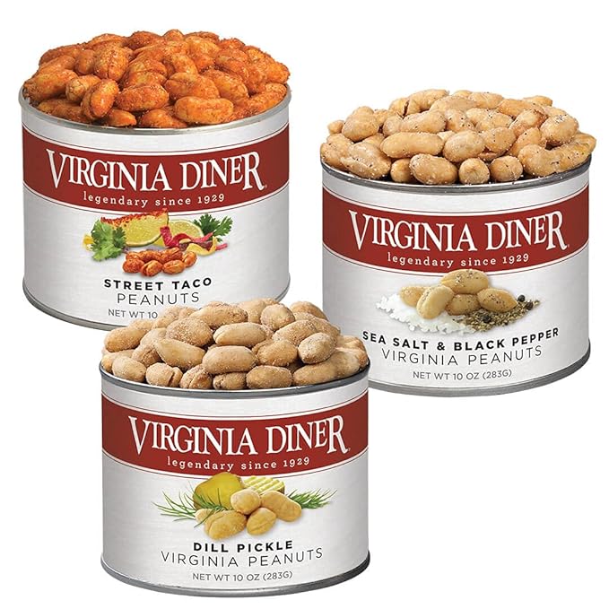 Virginia Diner Simply Savory Peanuts Gift Set Peanut Sampler with Street Taco, Sea Salt & Black