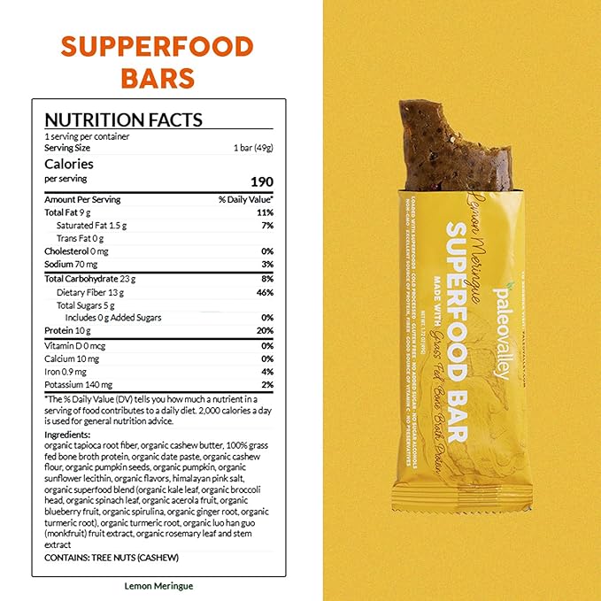 Paleovalley Superfood Bars – Lemon Meringue– 12 Pack – 9g Protein per Bar – Gluten-Free