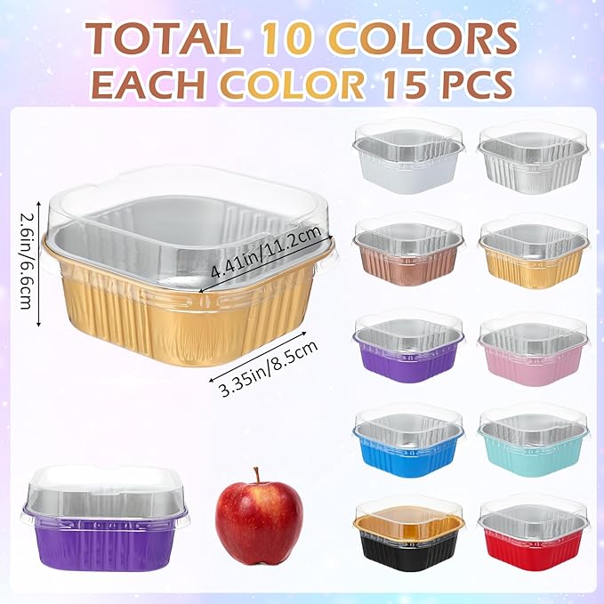 Aoriher 150 Pieces 10 oz Mini Cake Pans with Lids Aluminum Foil Baking Cups Square Disposable 4" x