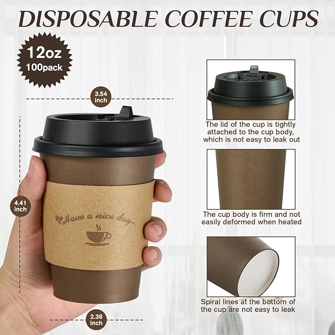 LITOPAK 100 Pack 12 oz Paper Coffee Cups with Lids, Sleeves, and Stirring Sticks for Coffee, Water