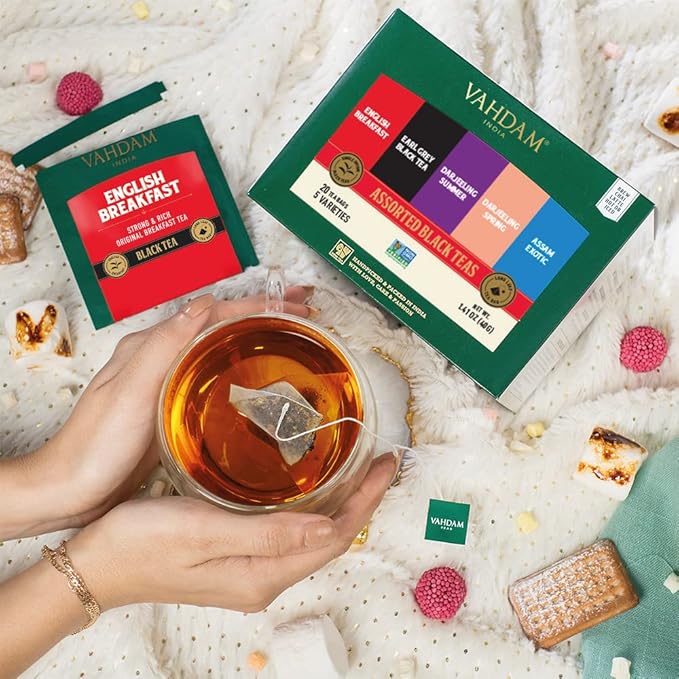 VAHDAM, Assorted Black Tea Bags Sampler (5 Flavors, 20 Ecofriendly Pyramid Tea bags) I Gift Ideas