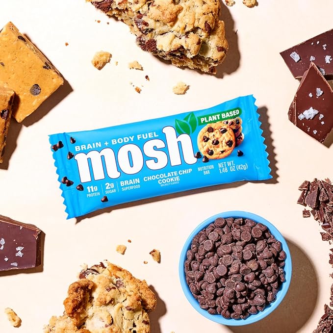 MOSH Chocolate Chip Cookie Vegan Protein Bars, Plant Based, Keto, Gluten Free, Brain Healthy Snack