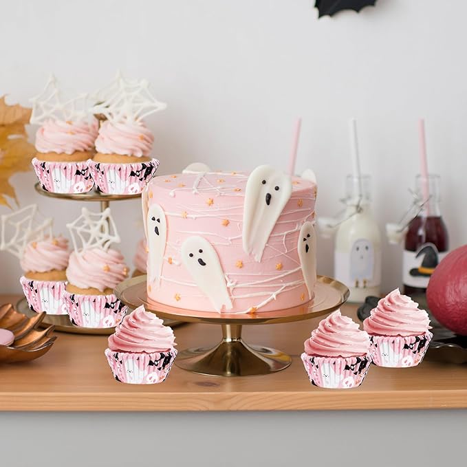 300Pcs Halloween Cupcake Liner Pink Boo Ghost Baking Cup Paper Muffin Cupcake Wrapper for Trick or