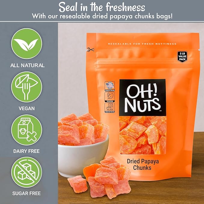 Oh! Nuts Dried Papaya Chunks - 2 lb - Dried Fruit Chunks - Less Sugar Added - Dehydrated Fruit