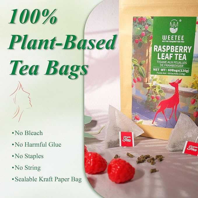 WT WEETEE Red Raspberry Leaf Tea Bags, 60 Count Corn Fibre, Pure Cut & Sifted Raspberry Leaves, No