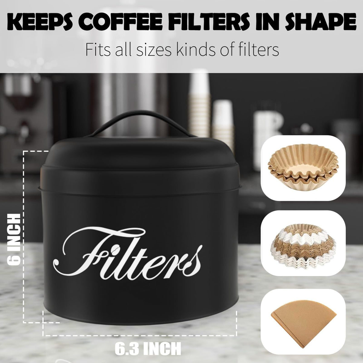 Black Basket Coffee Filter Holder With Lid - Round Container for Counter Storage - Rustic Farmhouse