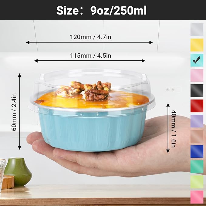 EUSOAR Foil Pans with Lids, 25pcs 9oz Blue Aluminum Cups with Lids, Disposable Ramekins Cheesecake
