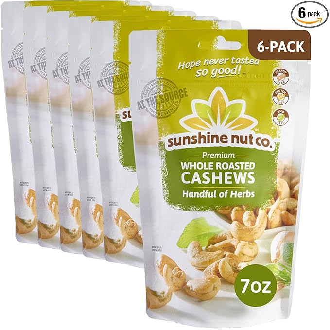 Sunshine Nut Company Whole Roasted Lightly Salted Cashews, Handful of Herbs Flavor, 6 Pack, 7 oz.