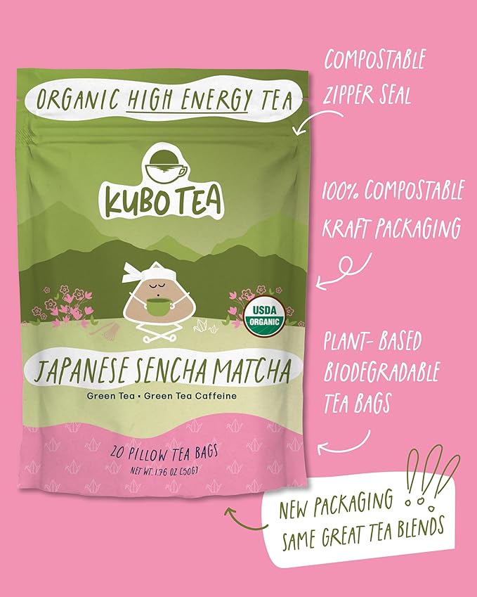 Kubo Tea Japanese Sencha Matcha Tea - Organic High Caffeine Energy Blend w/ Matcha Powder - 20