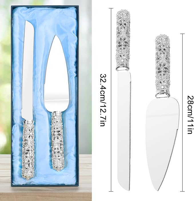 Wedding Cake Knife and Server Set - 2 Piece Dessert Set Metal Handle with Crystal Stones Decoration