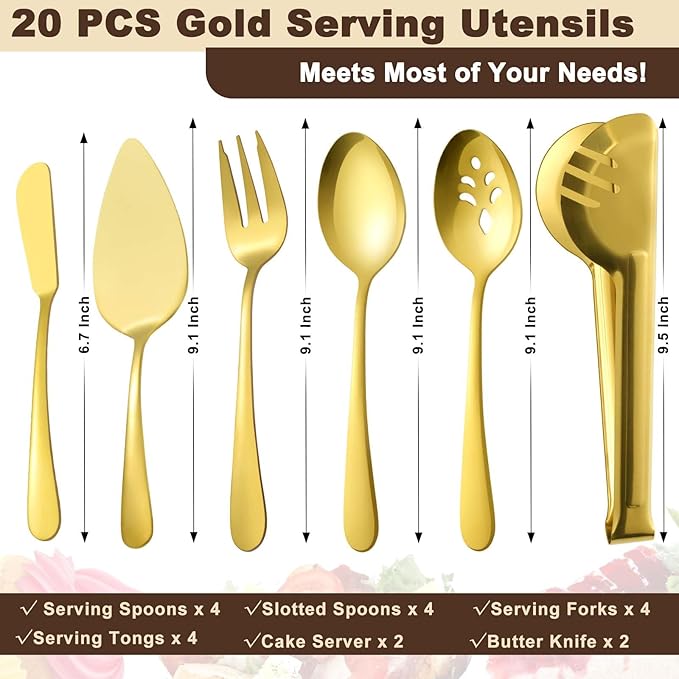 BEWOS Gold Serving Utensils, 20-Piece Serving Utensils set, Gold Serving Spoons, Slotted Spoons