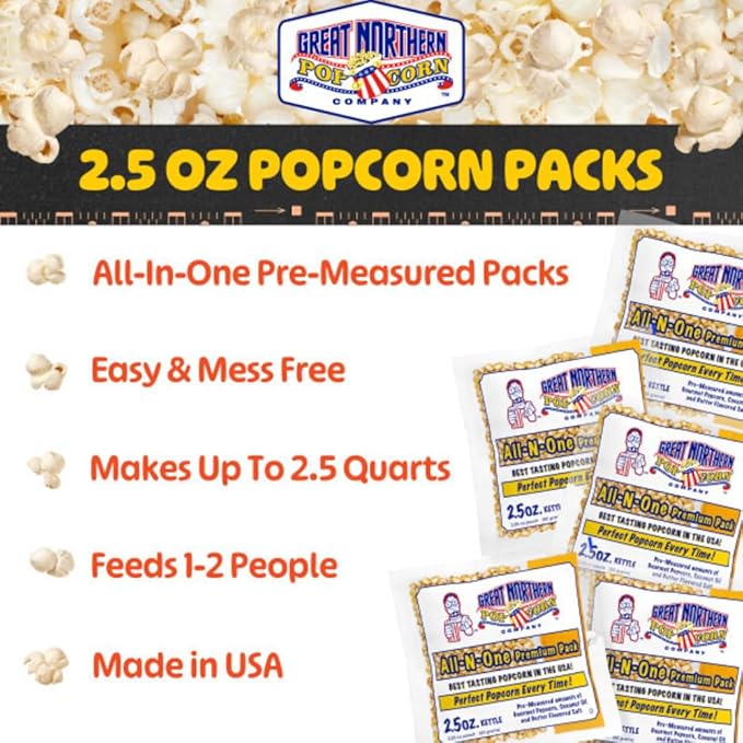 2.5oz Popcorn Machine Popcorn Packets - All-in-One Movie Theater Style Kernels, Salt, and Oil Packs