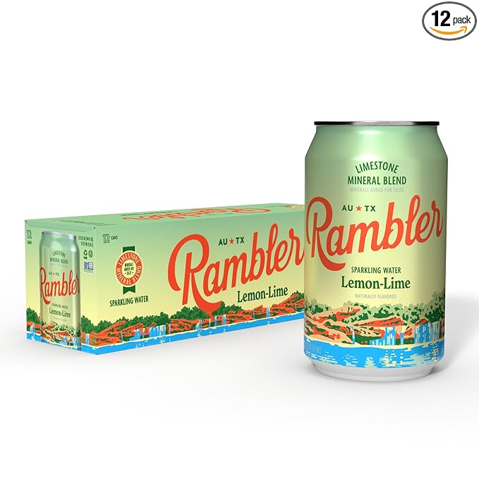 AUTX RAMBLER Sparkling Water, Texas Limestone Mineral Blend, Lemon-Lime Flavor, 12-Ounce Cans