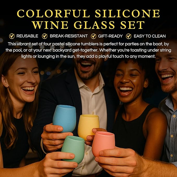 Silicone Wine Glasses – Set of 4 Pastel Colors, 12 oz – Break-Resistant, Flexible & Shatterproof
