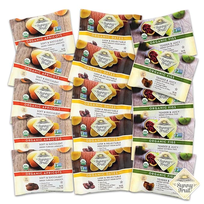 Sunny Fruit Organic Dried Fruit Assortment - Dates, Figs & Apricots Variety, 3 Bags (15 Individual