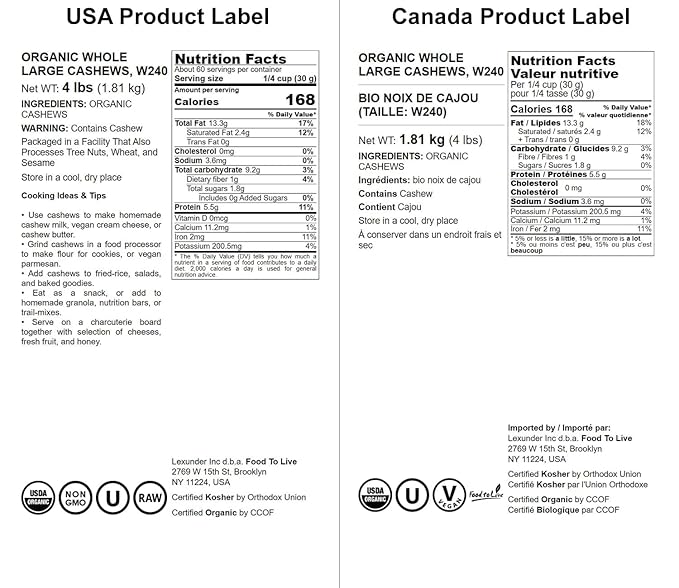 Food to Live Organic Cashews, 4 Pounds ??Whole, Size W-240, Unsalted, Non-GMO, Kosher, Raw, Vegan
