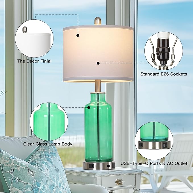 26.5" Coastal Green Glass Table Lamps Set of 2, 3-Way Dimmable Touch Control Bedside Lamps with USB