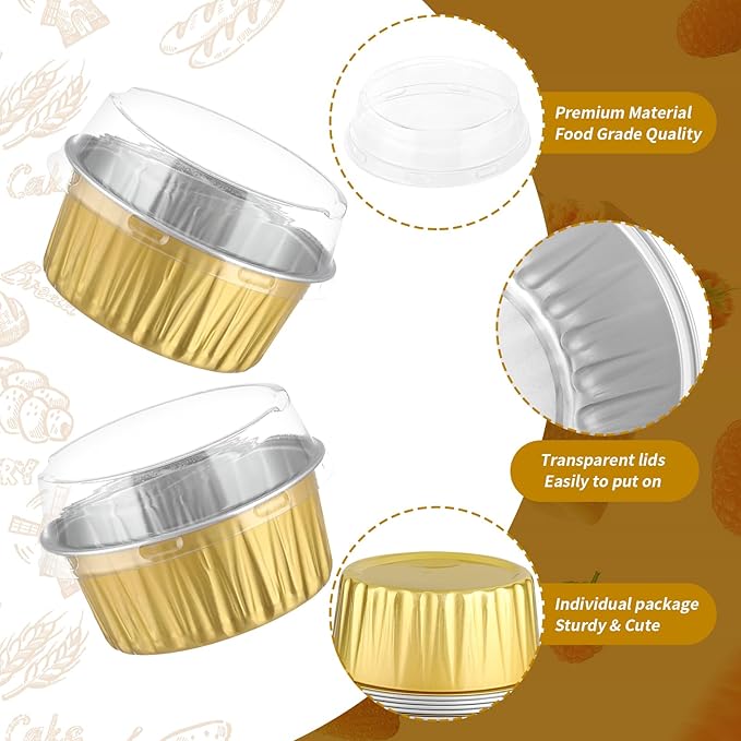 200Pack 5oz Gold Mini Cake Pans with Lids and Spoons Baking Cups Aluminum Foil Tins, Individual