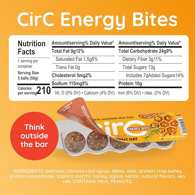 CirC Energy Bites - 12 Pack Honey Peanut Oat Gluten Free Protein Balls - 10g Protein, Whole Grains