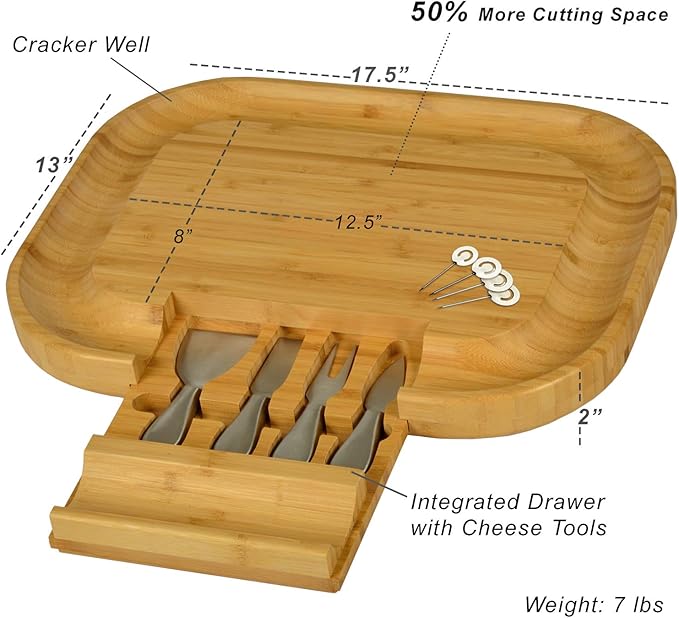Picnic at Ascot Bamboo Cutting Board for Cheese & Charcuterie with Knife Set & Cheese Markers