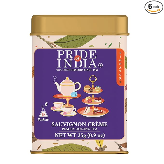 Pride of India | PACK of 6 - Sauvignon Crème Peachy Oolong Tea | 15 Pyramid Full Leaf Individually