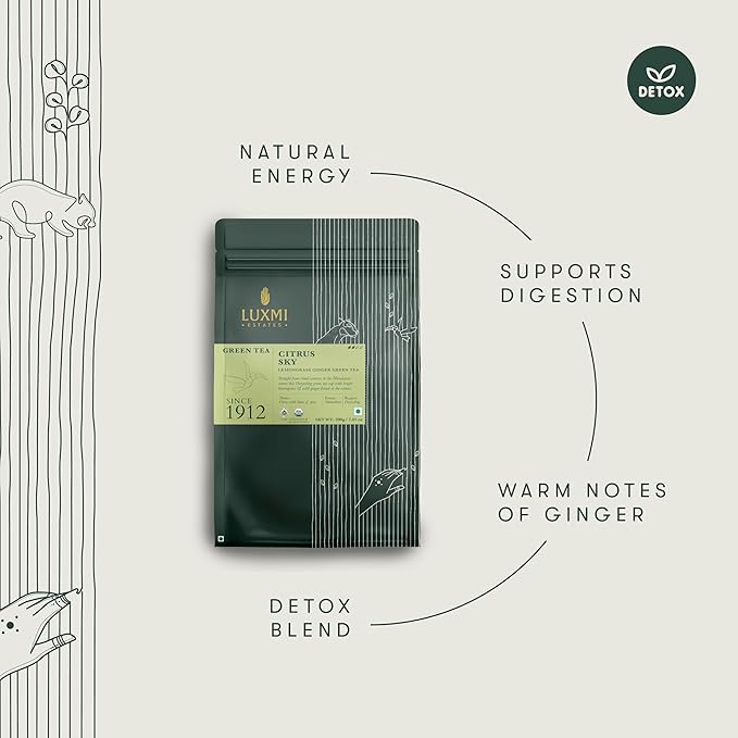 Luxmi Estates Citrus Sky Lemongrass Ginger Green Tea 200g Loose Leaf Pack | Certified Organic