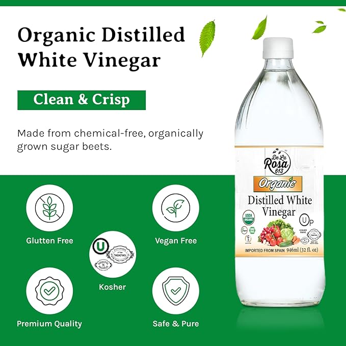 De La Rosa Organic Distilled White Vinegar, White Vinegar Raw & Unfiltered, Kosher for Passover