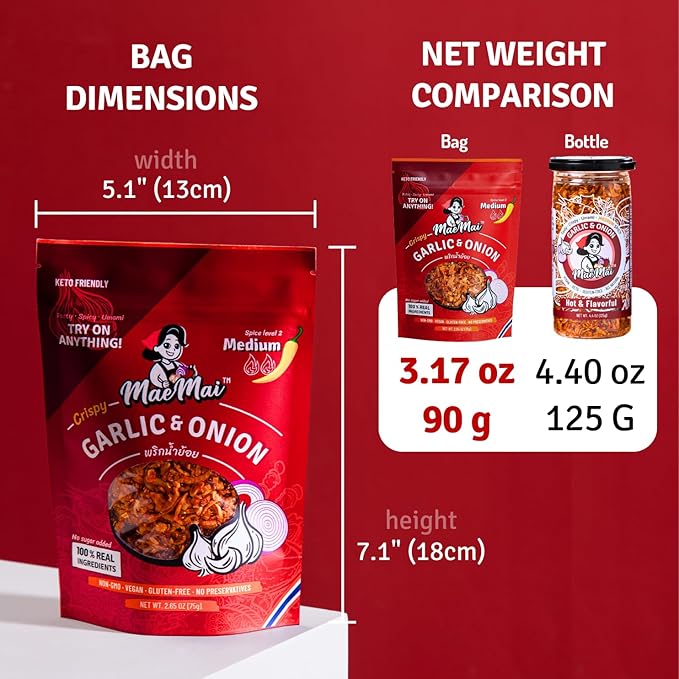MaeMai Medium Spice (SPICY) - Crispy Onions & Garlic Flakes - Crunchy All-Purpose Seasoning, Keto
