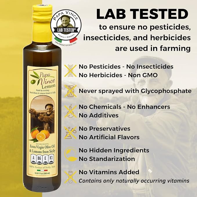 Papa Vince Olive Oil Extra Virgin - First Cold Pressed, Polyphenol Rich Olive Oil (EVOO). Lemon